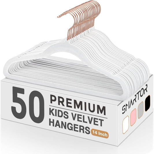 Smartor Kids Velvet Hangers - 50 Pack Non-Slip Felt Hangers for Toddler Clothes | 14 Inch, White with Rose Gold Hook