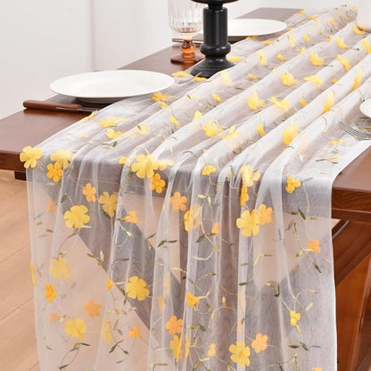 Yellow Floral Gauze Table Runner, 28x120 inches - Embroidered Boho Home Decor (Variation: Yellow+3)