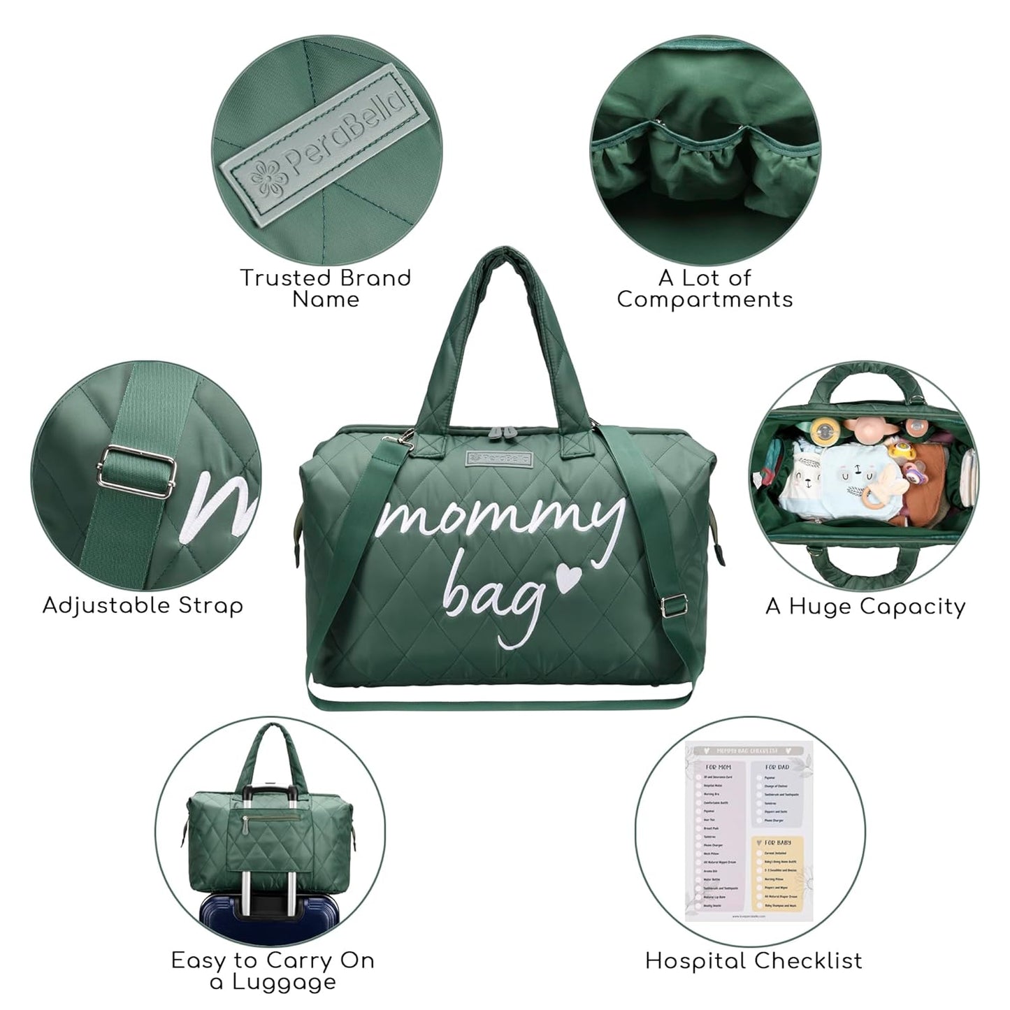 PeraBella Mommy Hospital Bag - Stylish Maternity Diaper Bag for Labor & Delivery | Green