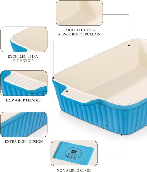 MALACASA 4.4 QT Baking Dish - Large 9x13 Ceramic Casserole Pan with Handles - Microwave Safe, Blue