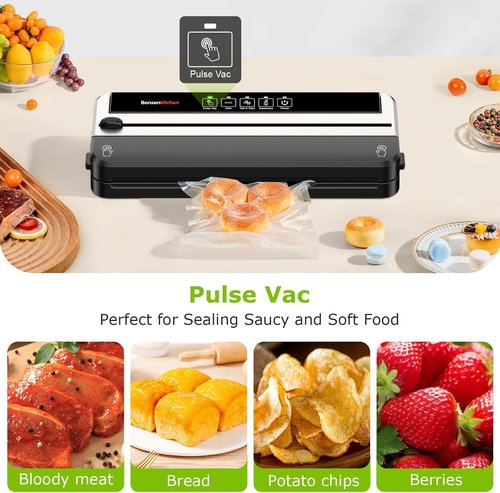 Bonsenkitchen Vacuum Sealer Machine - Multifunctional Food Sealer with Built-in Cutter | Silver-Black, 5 Pre-Cut Bags