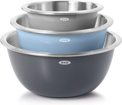 OXO Good Grips Mixing Bowl Set - 3-Piece Stainless Steel with Blue and Gray Colors