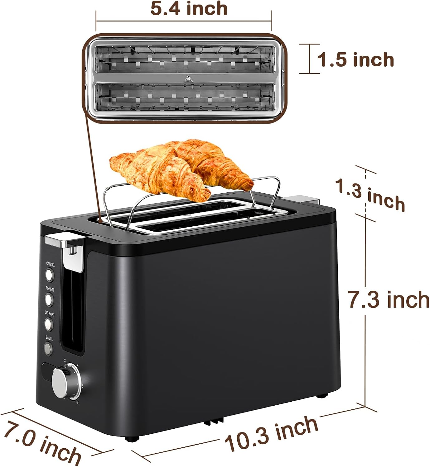Mecity 2-Slice Stainless Steel Toaster - Extra Wide Slots, 6 Browning Settings, Timer & Warming Rack | Black