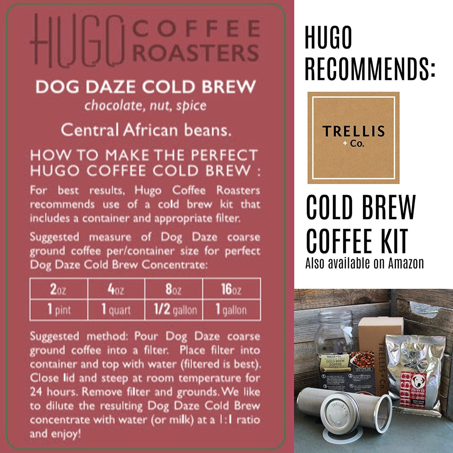 Hugo Coffee Ground Dog Daze Cold Brew Coffee - With Nuts and Chocolate & Taste of Spices | Hugo Supports Dog Rescues (16 oz)