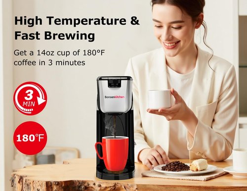 Bonsenkitchen 2-in-1 Coffee Maker - Fast Brewing for K-Cup & Ground Coffee (6-14oz) | Compact & Travel Mug Compatible for Home or Office