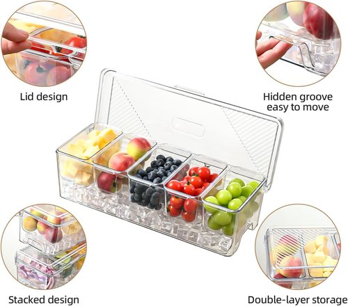Large Chilled Condiment Caddy,Stackable Chilled Condiment Containers Server with Lids for 5 Removable Compartments (5 Containers, 1 pack)