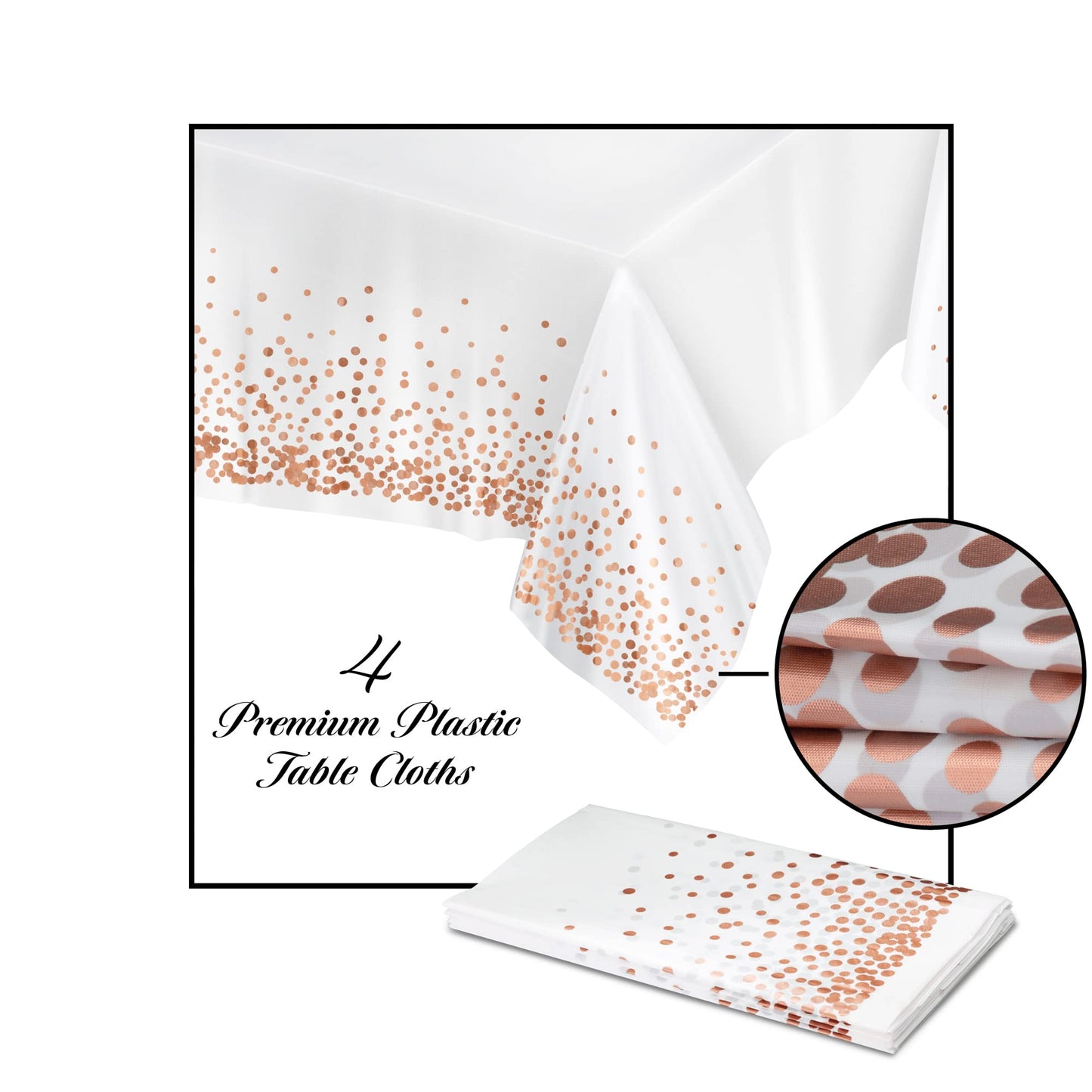 Prestee Rose/Gold Tablecloths, 4pk, 54"x108" | Gold Dot Disposable Tablecloths | Plastic Tablecloth | Rose Gold Plastic Tablecloths Cover | Paper Tablecloths for BBQ, Party, Fine Dining, Wedding