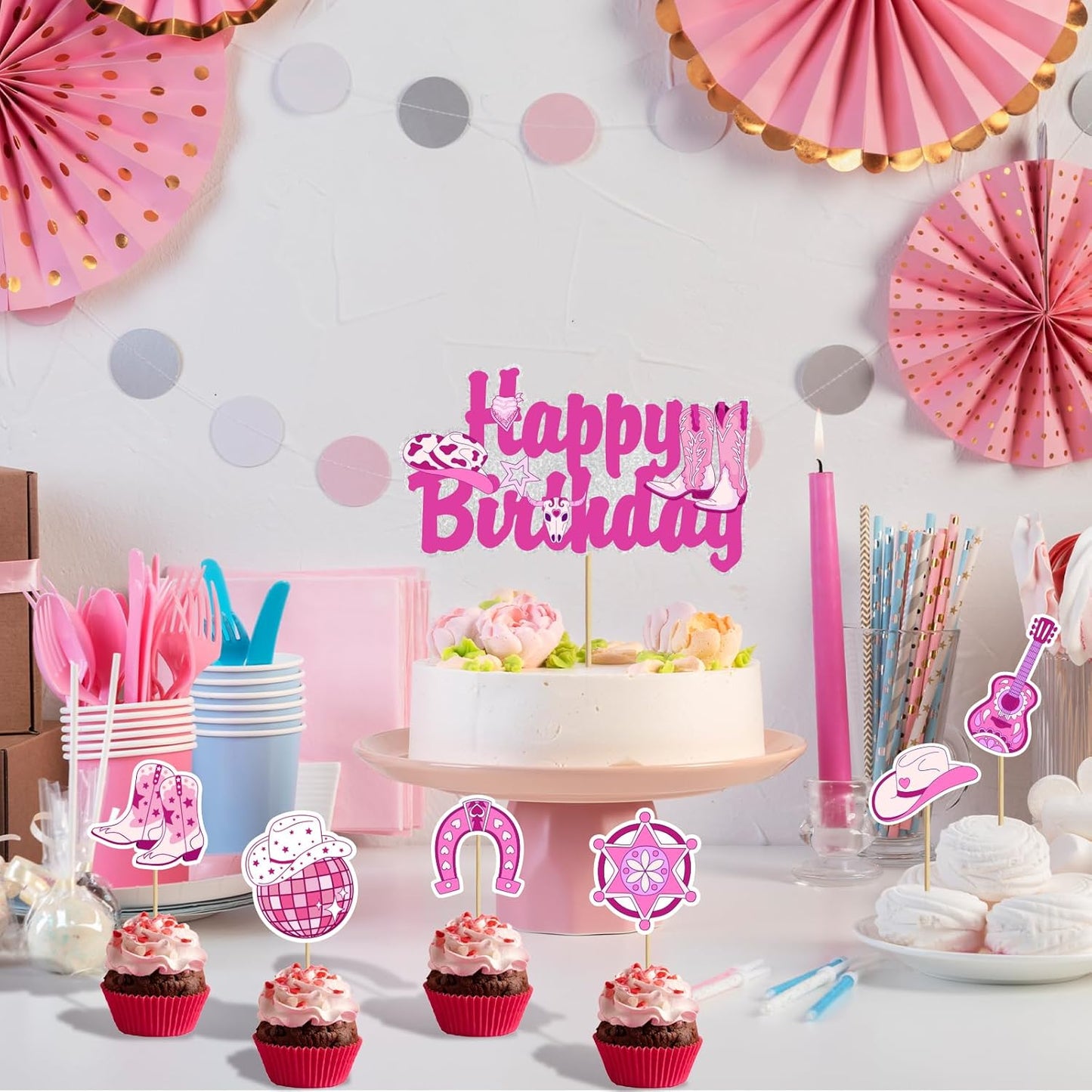 Skiennix Disco Cowgirl Cake Topper - Hot Pink Western Cowboy Design for Birthday Celebrations