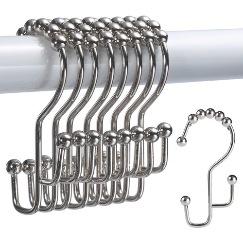 SUTINE Shower Curtain Hooks, 12 Pcs Double Shower Curtain Hooks Rings, Black Shower Curtain Hooks Rust Proof, Stainless Steel Bathroom Shower Hooks for Shower Curtain, Towels, Clothing, Nickel