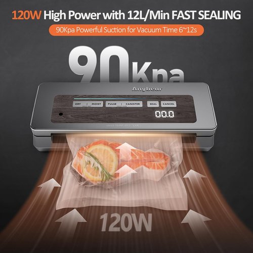 Anybear Vacuum Sealer Machine - 90kPa 120W All-in-One Food Storage with Built-in Cutter | Gray, 2 Bag Rolls & 5 Pre-Cut Bags