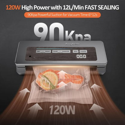 Anybear Vacuum Sealer Machine - 90kPa 120W All-in-One Food Storage with Built-in Cutter | Gray, 2 Bag Rolls & 5 Pre-Cut Bags