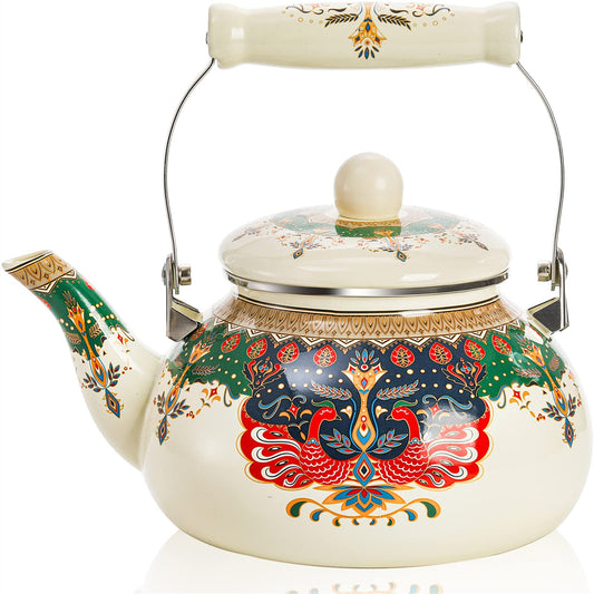 DEAYOU 2.6 Quart Enamel Tea Kettle Vintage, Large Porcelain Enameled Teakettle Stovetop, 2.5L Cute Tea Pot with Ceramic Cool Handle, Retro Steel Teapot for Hot Water, Decor, No Whistling