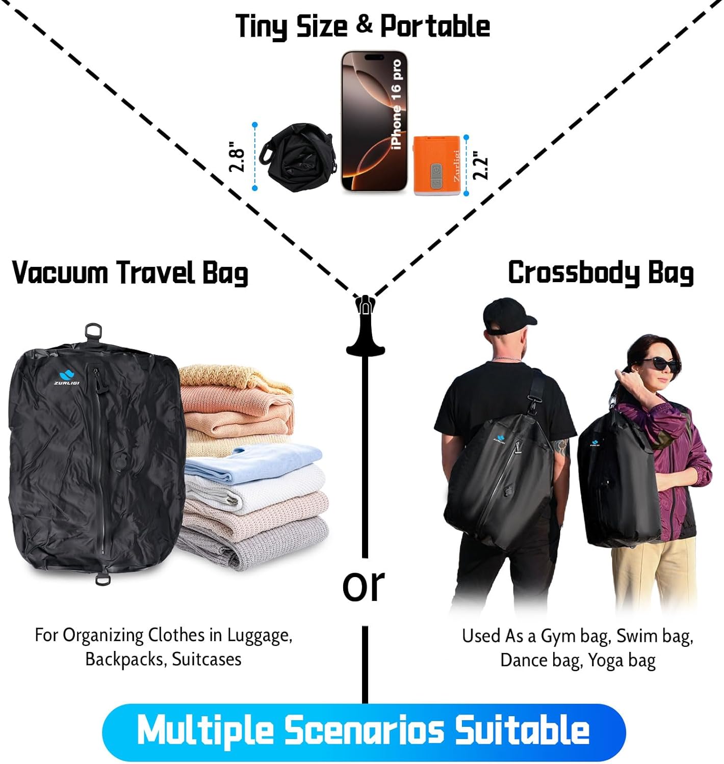 Zurligi Travel Vacuum Bags - IPX8 Waterproof Compression Bags with Mini Pump | 39L, 2-Pack, Black