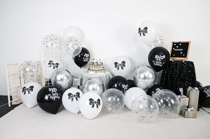 Black Bow Balloons - 30 Pcs 12-Inch Black & White Balloons for Bachelorette Party Decor