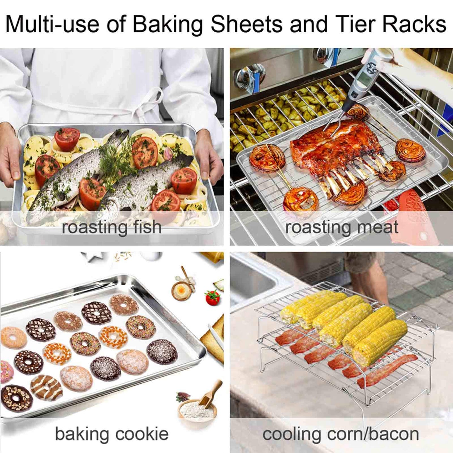 TeamFar Baking Sheet with Rack Set(2 Pans & 2 Tier Racks), Stainless Steel Cookies Sheet Baking Pans & Cooling Roasting Rack for Cookie Bacon Meat, Oven & Dishwasher Safe, Healthy & Stackable