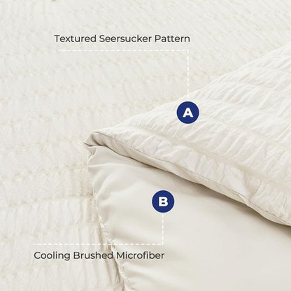 HYMOKEGE King Size Comforter Set - Luxury 7-Piece Ivory Seersucker Bedding for All Seasons | Includes Comforters, Sheets & Pillowcases