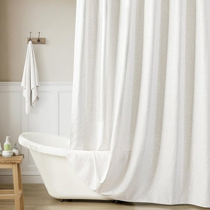 White Linen Shower Curtain for Bathroom Cream Boho Farmhouse Shower Curtains Natural Aesthetic Bath Decor Weighted Cloth Fabric Linen Textured Bath Curtain Liner with Hooks Set, White Linen, 72 Inch