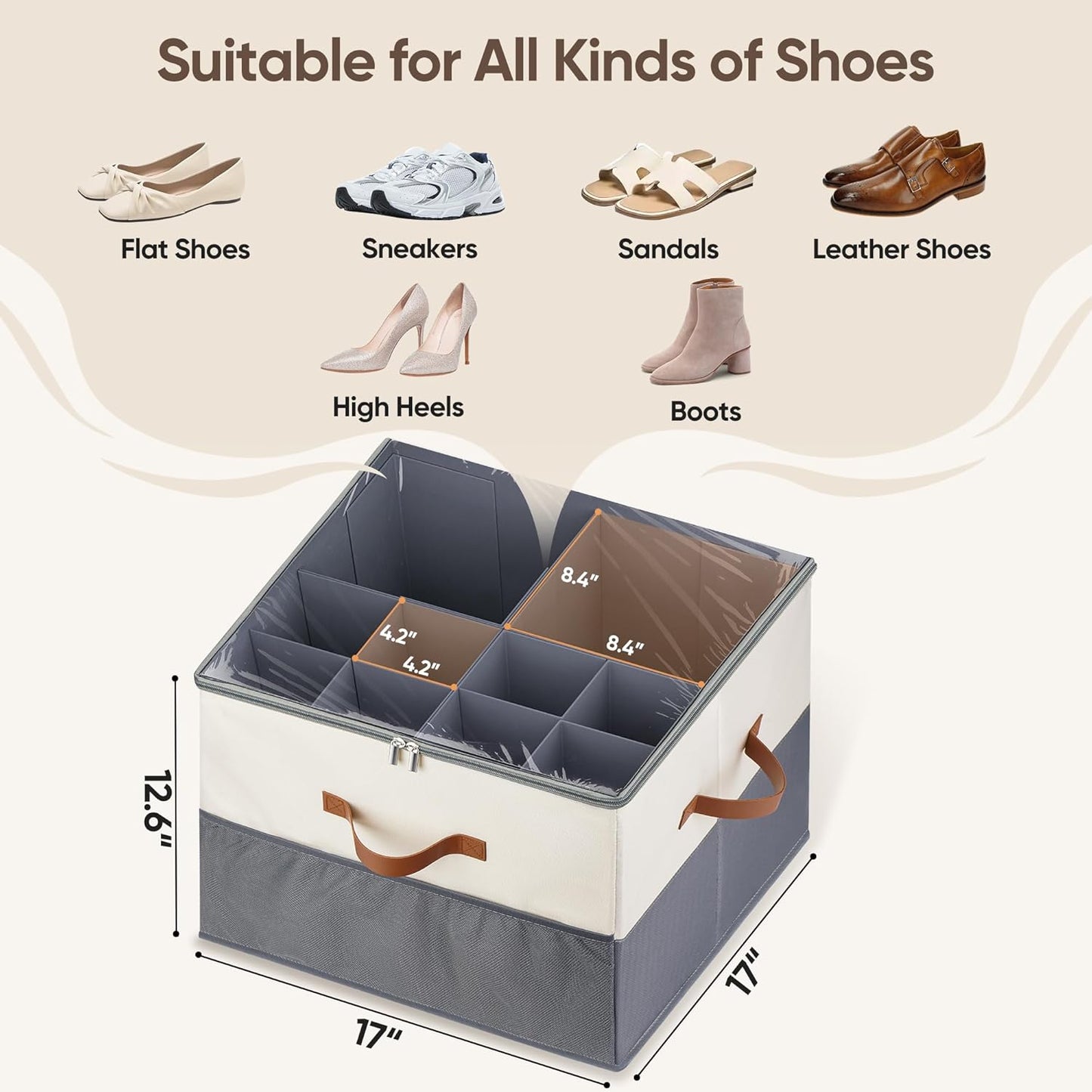 Skiennix Shoe Organizer - 2 Pack Adjustable Storage Containers with Clear Lids | Fits 16-32 Pairs, Beige & Grey