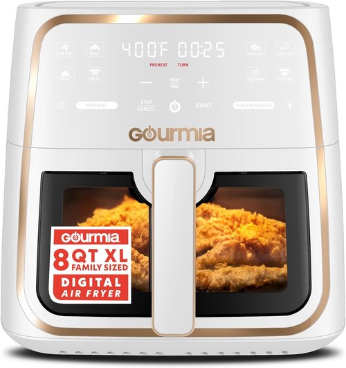 Gourmia 8 Qt Air Fryer - Digital Display, 8 Presets, FryForce 360° Technology & Easy View Window - White
