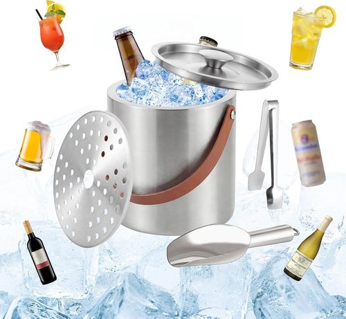 Loungewave Ice Bucket with Lid, 3L Double Wall Insulated Ice Bucket with Scoop, Tong, Strainer and Leather Handle, Ice Container to Keep Ice Frozen Longer, Ideal for Cocktail Bar, Parties
