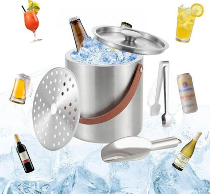 Loungewave Ice Bucket with Lid, 3L Double Wall Insulated Ice Bucket with Scoop, Tong, Strainer and Leather Handle, Ice Container to Keep Ice Frozen Longer, Ideal for Cocktail Bar, Parties
