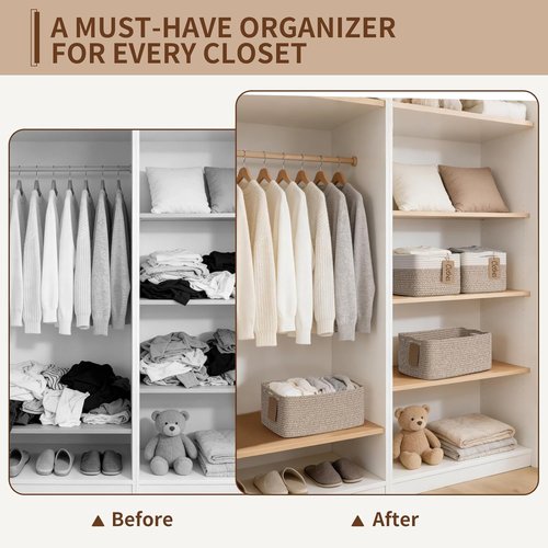 Goodpick Storage Baskets - 4 Pack Rectangle Woven Bins for Organizing Baby Toys | 13''L x 8''W x 6''H, Brown & White