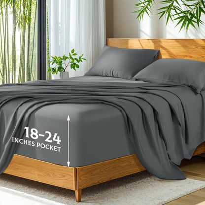 SONORO KATE Bamboo Viscose Bed Sheets - Ultra Soft & Cooling | Extra Deep Pocket (Dark Grey, Queen)