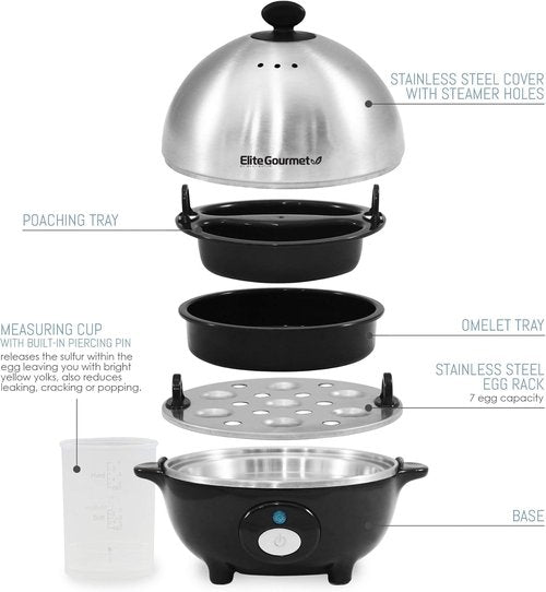 Elite Gourmet EGC-508 Egg Cooker - Rapidly Prepare 7 Easy-To-Peel Eggs, Poach & Make Omelets, Stainless Steel
