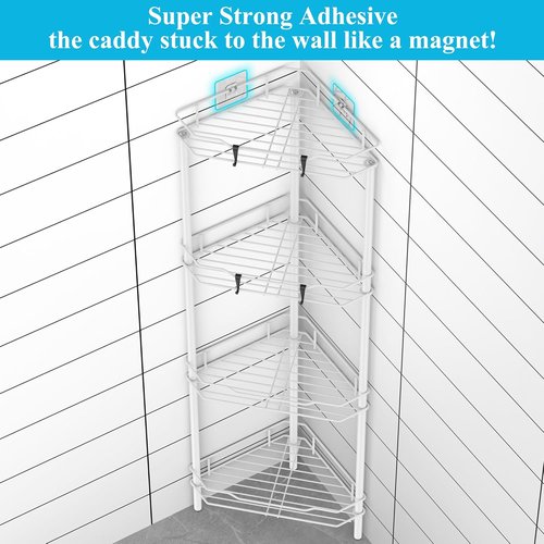 HuggieGems Corner Shower Caddy Organizer - 4 Tier Floor Standing Shelf with Hooks | White Bathroom Rack