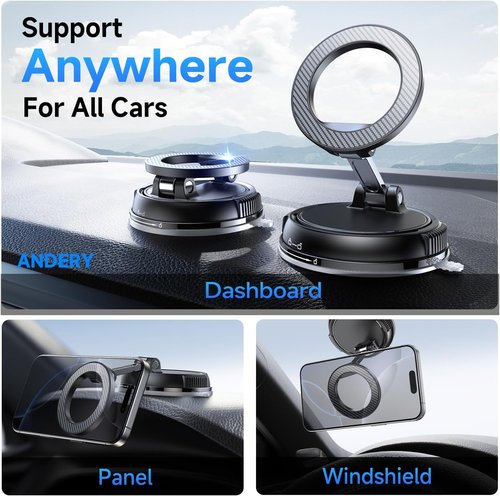 ANDERY Car Phone Holder - 360° Adjustable MagSafe Mount with Strong Suction | Fits iPhone 17-12 Pro Max Plus, Carbon Fiber