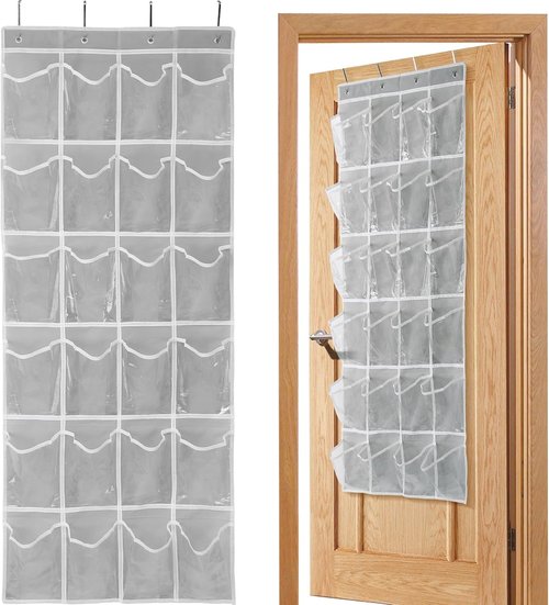 GOMAJI Over The Door 24 Pocket Shoe Organizer - Space-Saving Storage Solution, Gray (64" X 19")