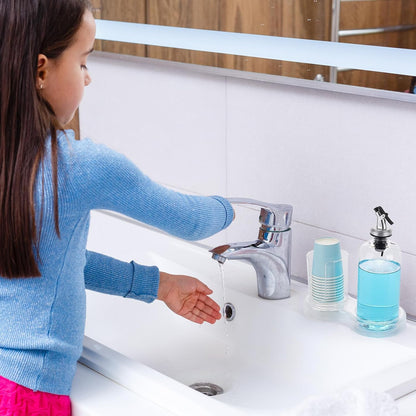 Tbestmax Mouthwash Dispenser - Clear 16oz Pump Bottle with Cup Holder & Tray for Bathroom Organization