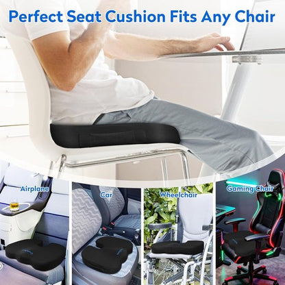 CushZone Seat Cushion - Memory Foam Coccyx Pillow for Sciatica & Back Pain Relief | Black Office Chair Cushion