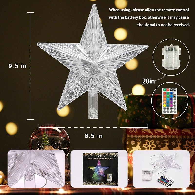 Christmas Star Tree Topper 9.5in 17 Colors with 4 Speed Modes & Remote (3AA Battery Powered) - IP44 Indoor/Outdoor