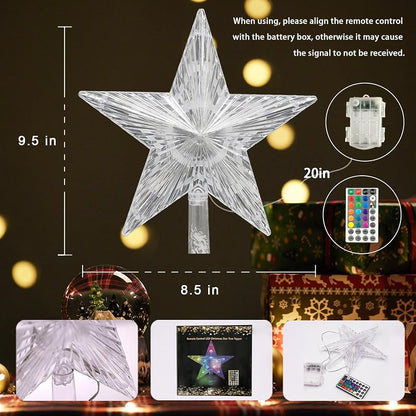 Christmas Star Tree Topper 9.5in 17 Colors with 4 Speed Modes & Remote (3AA Battery Powered) - IP44 Indoor/Outdoor