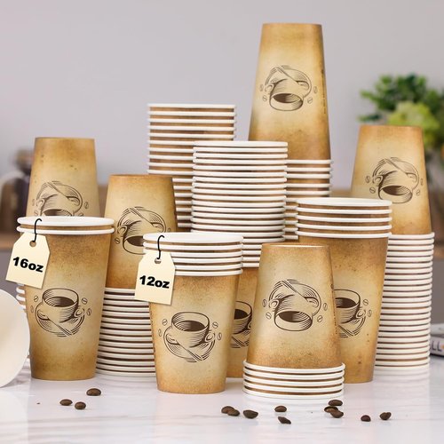 Clawsoff 300 Pack 12oz Disposable Paper Coffee Cups - Retro Design, Leak-Proof for Hot or Cold Beverages