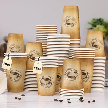 Clawsoff 300 Pack 12oz Disposable Paper Coffee Cups - Retro Design, Leak-Proof for Hot or Cold Beverages
