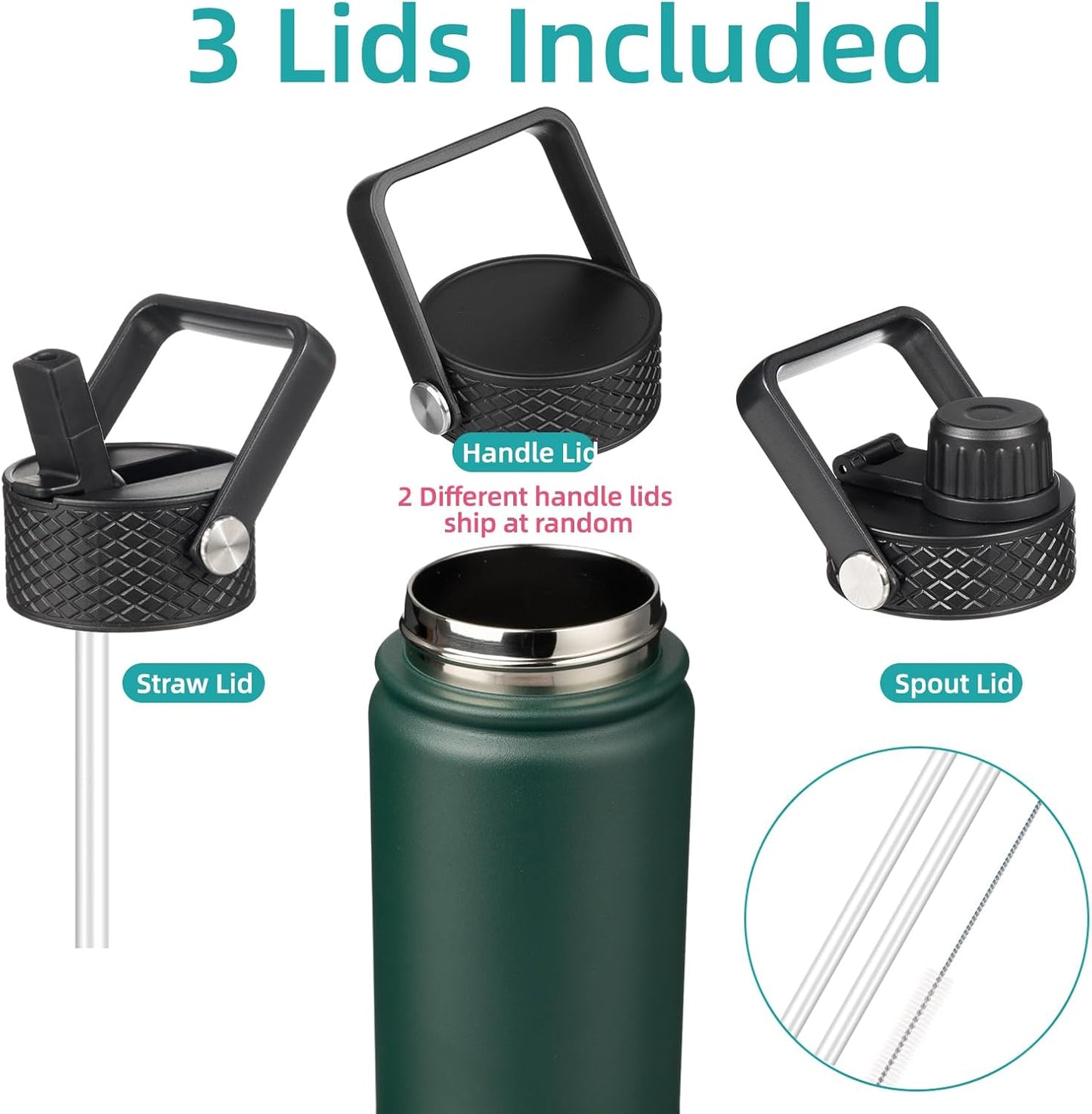 Skiennix Insulated Water Bottle - 24oz Stainless Steel Sport Bottle with 3 Lids | Army Green