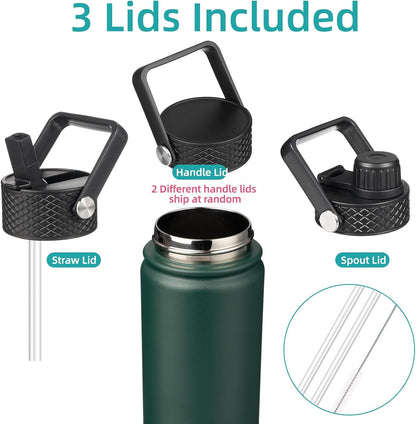 Skiennix Insulated Water Bottle - 24oz Stainless Steel Sport Bottle with 3 Lids | Army Green
