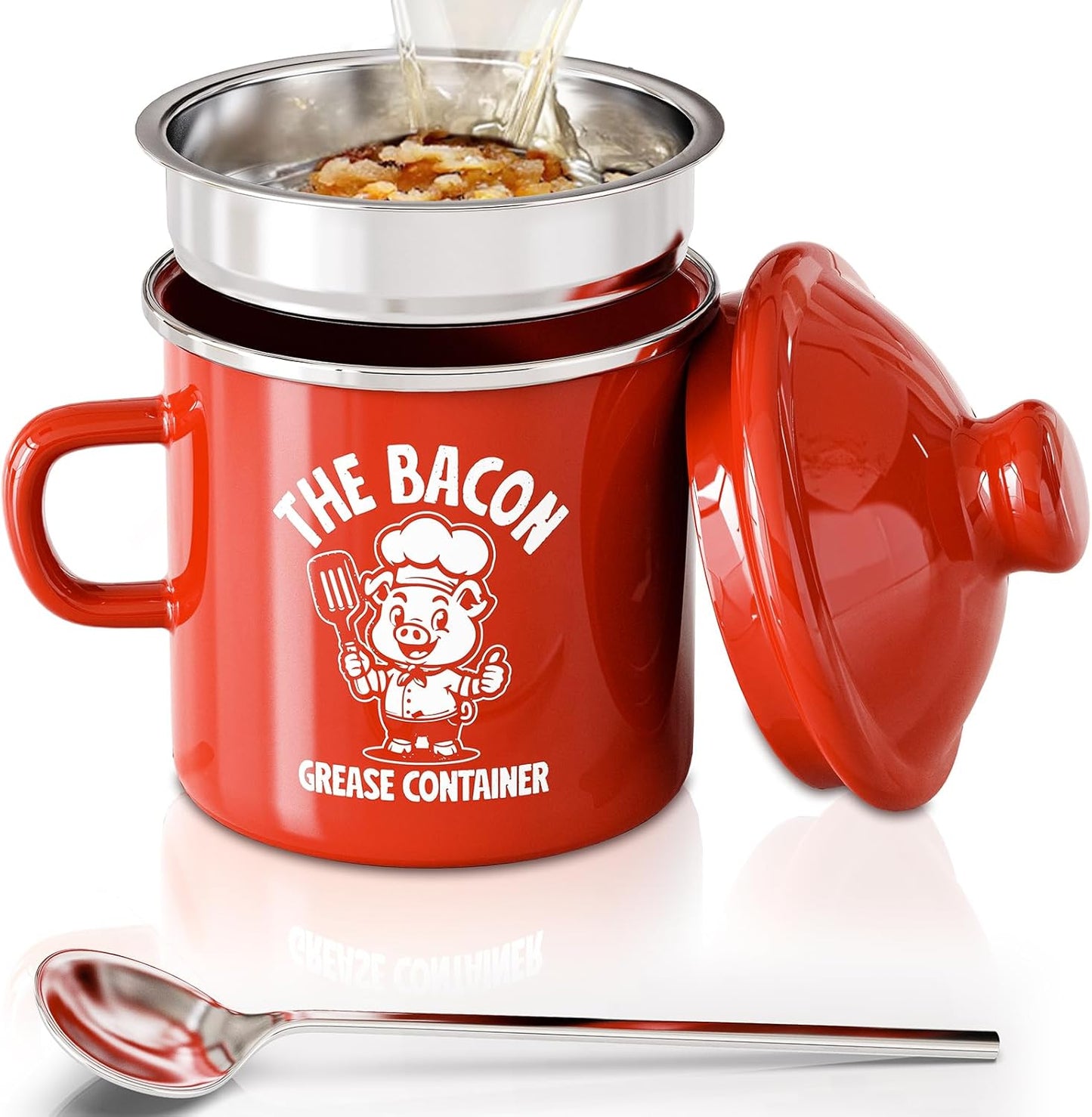 PGYARD Mini Bacon Grease Saver - 15oz Enamel Container with Strainer | Farmhouse Kitchen Fat Keeper - Red