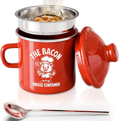 PGYARD Mini Bacon Grease Saver - 15oz Enamel Container with Strainer | Farmhouse Kitchen Fat Keeper - Red