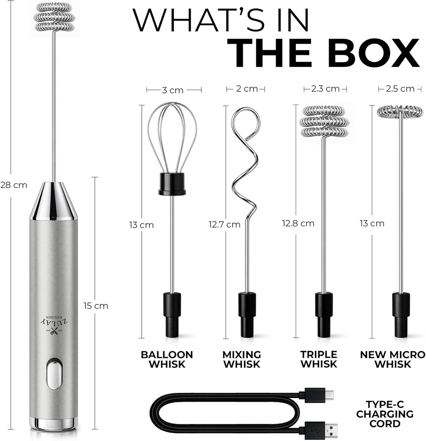 Zulay Kitchen Metal Rechargeable Milk Frother, 3 Whisk Attachments Handheld Frother Wand, 1800mAh USB-C Charging, Electric Drink Mixer for Protein, Matcha & Powders - One Charge Lasts up to 6 Months
