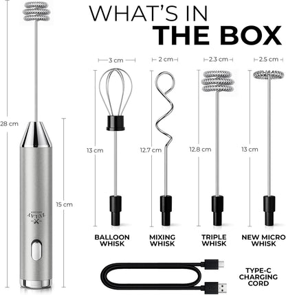 Zulay Kitchen Metal Rechargeable Milk Frother, 3 Whisk Attachments Handheld Frother Wand, 1800mAh USB-C Charging, Electric Drink Mixer for Protein, Matcha & Powders - One Charge Lasts up to 6 Months
