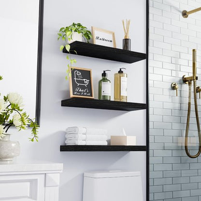 BAYKA Floating Wall Shelves - Rustic Wood Design for Bathroom, Bedroom & Living Room | 15.7in, Black, Set of 3