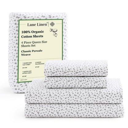 Lane Linen 100% Organic Cotton White (Grey Dot) Queen-Sheets Set, 4-Piece Long Staple Percale Weave Ultra Soft Best Bedding Sheets for Bed,Breathable,,Fits Mattress Upto 15inch Deep