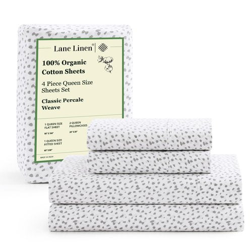 Lane Linen 100% Organic Cotton White (Grey Dot) Queen-Sheets Set, 4-Piece Long Staple Percale Weave Ultra Soft Best Bedding Sheets for Bed,Breathable,,Fits Mattress Upto 15inch Deep