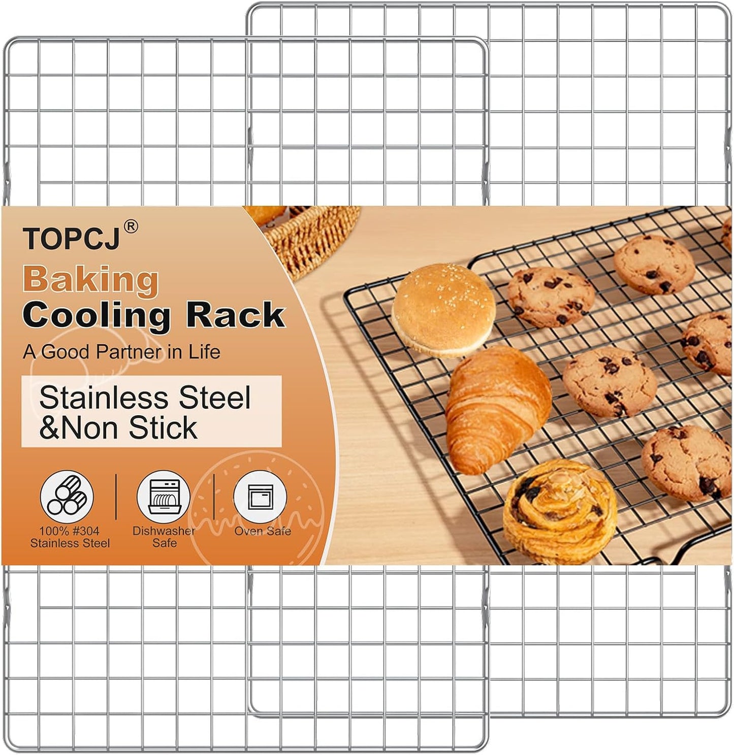 TOPCJ Cooling Rack Set - 2PCS Heavy Duty Stainless Steel Baking Racks | 10” x 15” Non-Stick Design for Grilling & Roasting