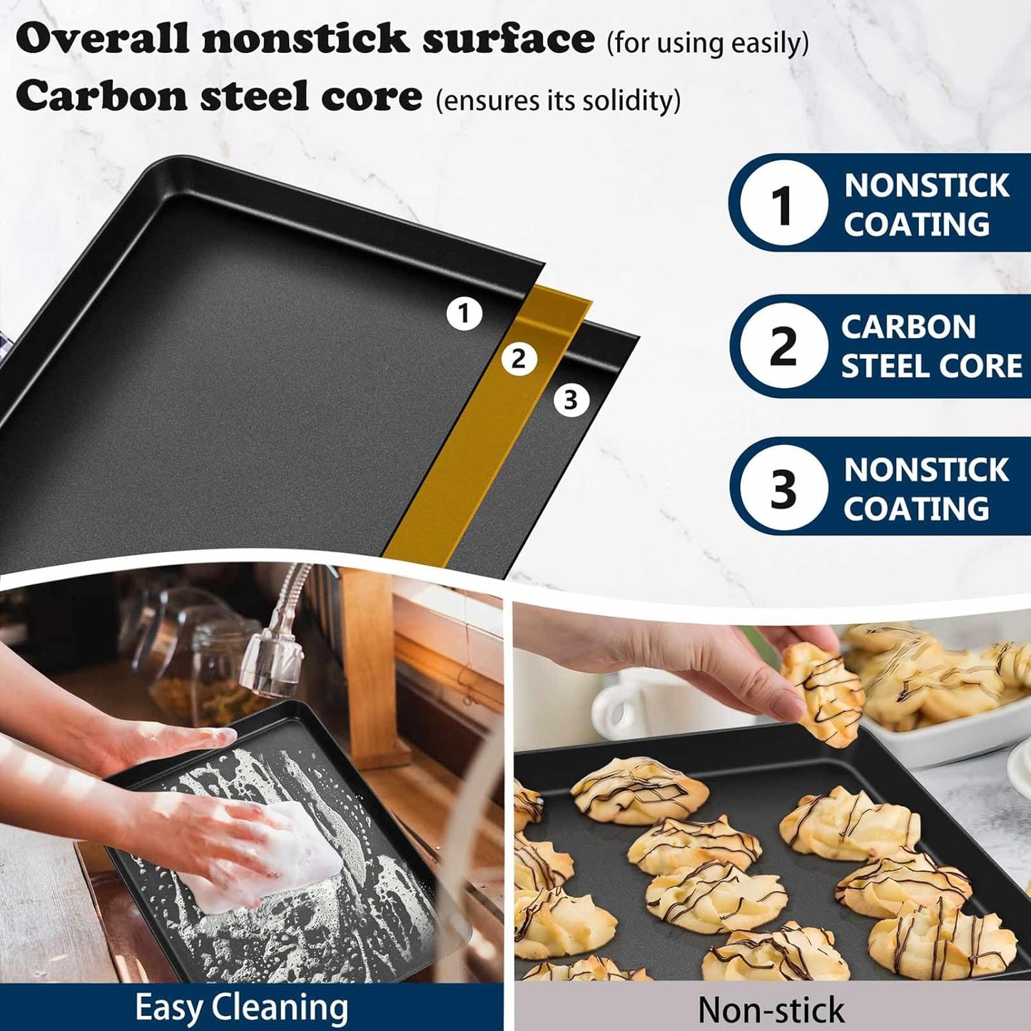 P&P CHEF 16-Inch Non-Stick Baking Cookie Sheet Pan - Durable Carbon Steel Oven Tray for Bread, Meat & Vegetables