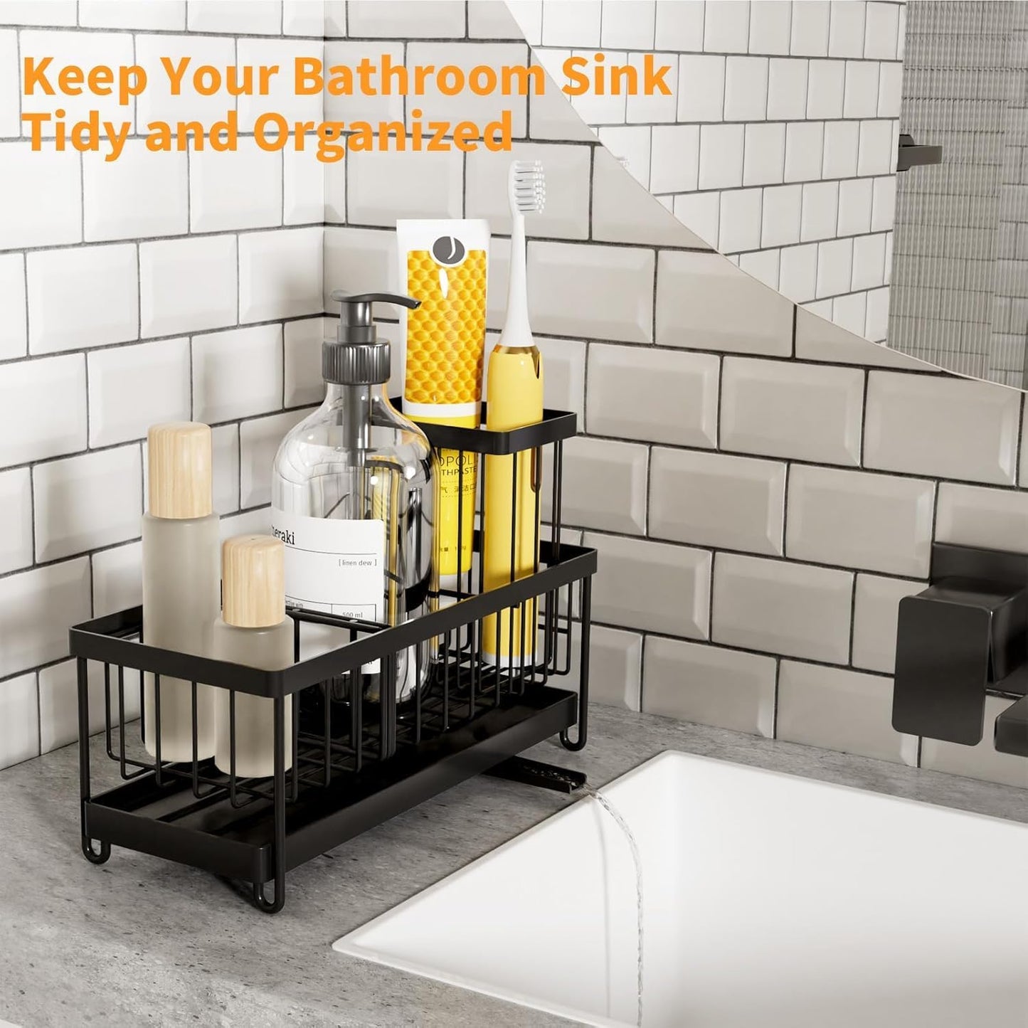 Skiennix Kitchen Sink Sponge Holder - Auto Draining Caddy with Brush Organizer | Stainless Steel Design