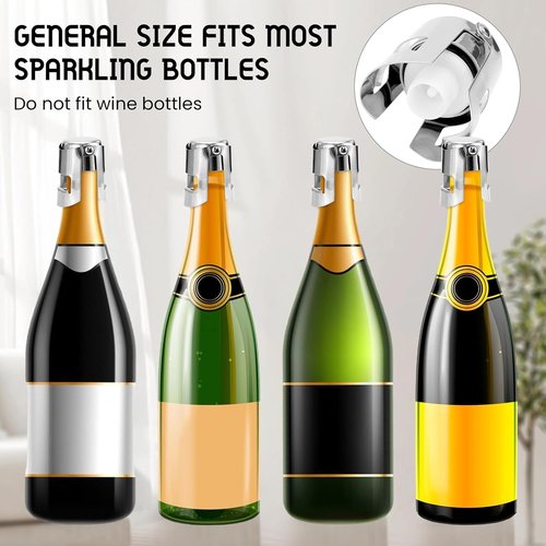 Champagne Stoppers Stainless Steel, Prosecco Sparkling Wine Bottle Stopper with Silicone Sealing Plug, Leak proof Keep Fresh Reusable Champagne Cork & Saver (Silver, 2 Pack)